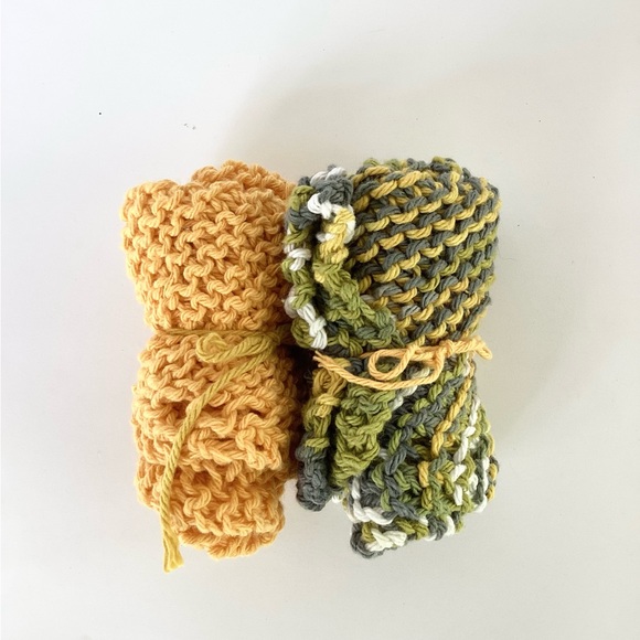 Dishcloth Washcloth Hand Crafted Gold Green Knit Cotton Rustic - Picture 9 of 13